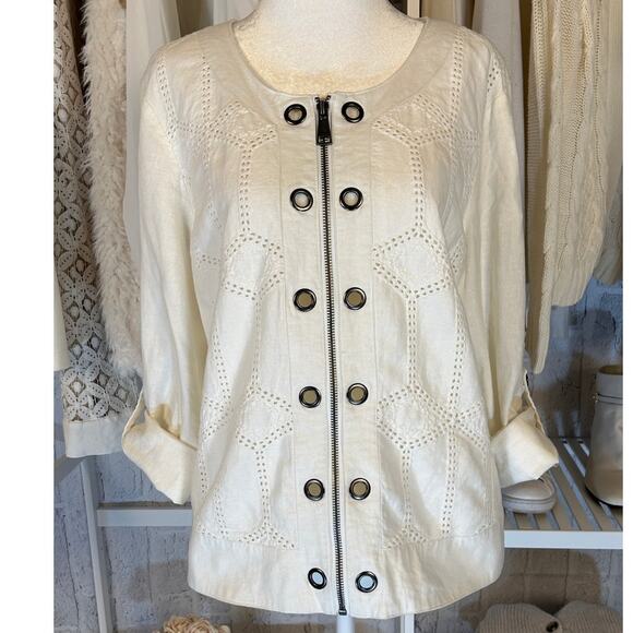 Multiples Jackets & Blazers - Multiples Women's Size M Off White Linen Roll Tab Sleeve Grommet Jacket #0318